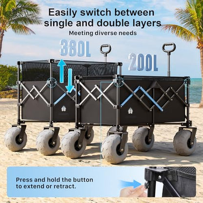 Beach Wagon with Big Wheels for Sand, 450LBS Heavy Duty Foldable Wagon Cart - color: Black, size: 380L