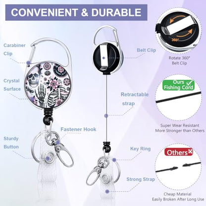 Funny Skull ID Badge Holder with Lanyard and Retractable Badge Reel - color: Skull and Floral