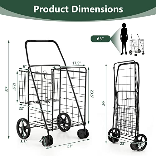 HOMGX Flat Folding Shopping Cart, 130 LBS Heavy Duty Utility Cart W/ 360° Swivel Front Wheels, 24" x 23" x 40" Foldable Grocery Cart for Laundry, Shopping, Groceries - color: Black
