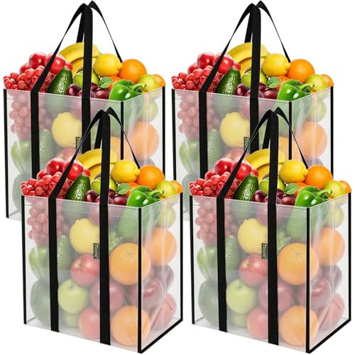 BALEINE 4 PK Grocery Bags Reusable Shopping Bags with Reinforced Bottom, Heavy Duty Foldable Tote Bags (Transparent) - color: Transparent, size: 4 PK
