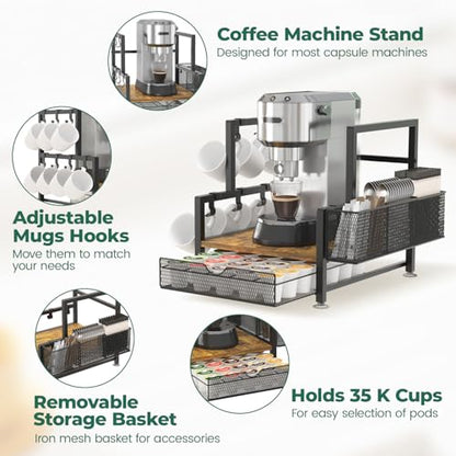 EsLuker.ly Coffee Bar Station Organizer with K Cup Drawer, 7 Mug Hooks - color: Black+Dark Brown