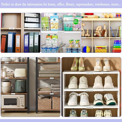 Shelf Label Holder, ELEMGULY 50 Pack Wood Shelf Label Holders Plastic Shelf Label Clip Clear Shelf Sign with 50 Pack Label Inserts for Home Office Library Shelves