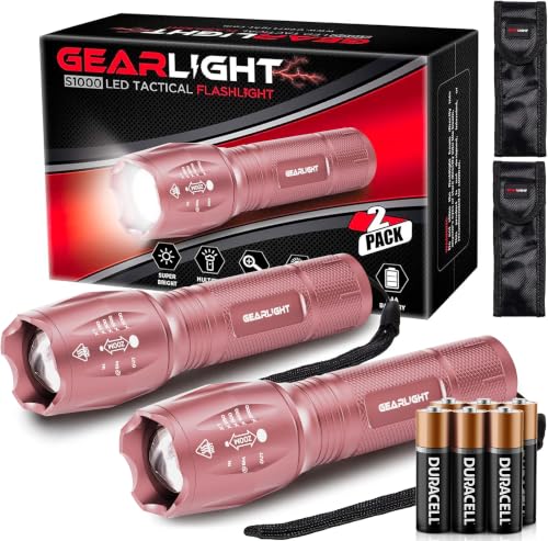GearLight LED Flashlight High Lumens, Mini Tactical LED Flashlight 2 Pack, 5 Modes Zoomable Beam, Battery Powered for Camping, Hunting, Home & Emergency, Compact Small LED Flashlight (Pink) - color: Pink