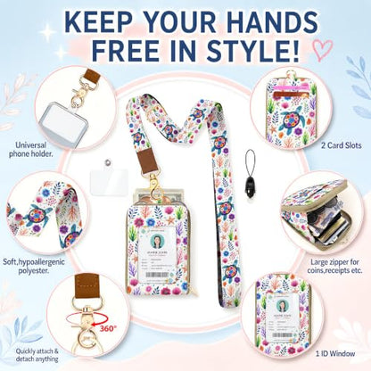 Lightweight Card Holder with RFID Blocking Lanyard Wallet - color: Floral Sea Turtle