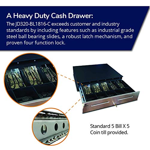 APG Heavy Duty 18" Cash Drawer | Series 4000 JD320-BL1816-C | Stainless-Steel-Front Cash Drawer | MultiPRO 320 Interface | 24V | 5x5 | 18" x 4.2" x 16.7" | Black - color: Printer-Driven 24V - Black w/ Stainless Front