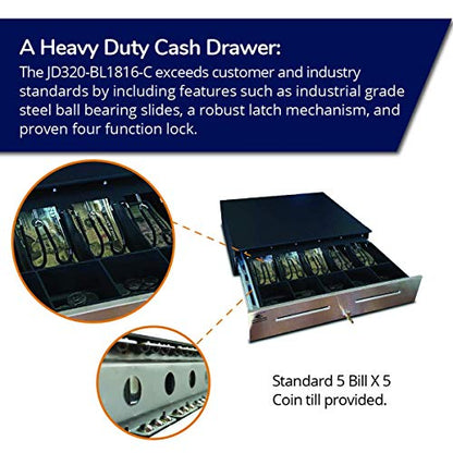 APG Heavy Duty 18" Cash Drawer | Series 4000 JD320-BL1816-C | Stainless-Steel-Front Cash Drawer | MultiPRO 320 Interface | 24V | 5x5 | 18" x 4.2" x 16.7" | Black - color: Printer-Driven 24V - Black w/ Stainless Front