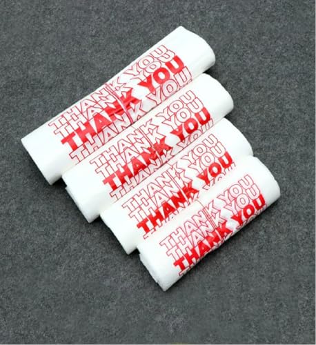 50 Count Thank You Plastic T-Shirt Bags with Handles, Heavy Duty 1.0 Mil (26 Micron) White HDPE, 11 x 6 x 21 in (1/6 BBL), Recyclable Grocery Carryout for Restaurants & Retail