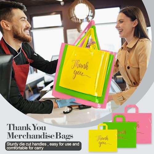 Teling 200 Pcs Thank You Shopping Bags with Handle,Pink, Green, Yellow - color: Pink, Green, Yellow