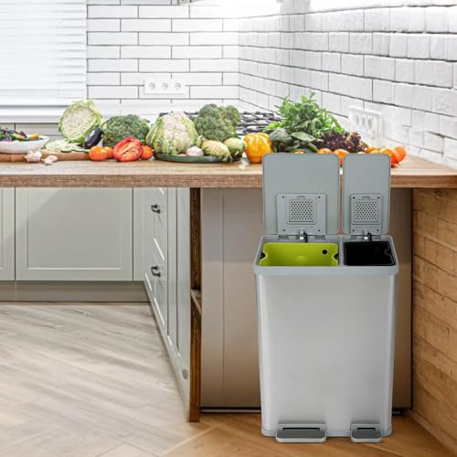 60 Liter / 16 Gallon Rectangular Hands-Free Dual Compartment Recycling Kitchen Step Trash Can with Soft-Close Lid, Brushed Stainless Steel (40L + 20L Capacity)