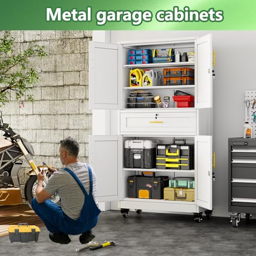 Lockable Metal Storage Cabinet, 74" Tall White Cabinet with Wheels - color: White-with Wheels, size: 15.74"D x 35.43"W x 74"H