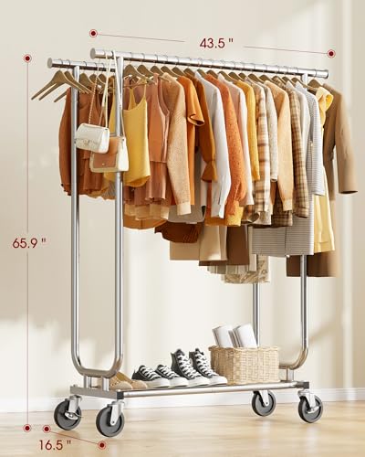 Sakugi Stainless Steel Double Rod Clothes Rack, 43.5x16.5x65.9, Black - color: Silver, size: 43.5" x 16.5" x 65.9"(2 Rods)