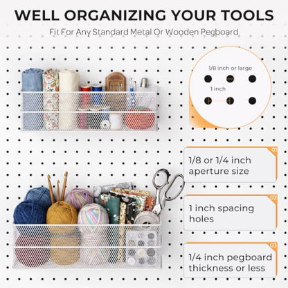INCLY 4 Pack Upgrade Pegboard Baskets, 4 Sizes Square Metal Mesh Basket - color: White