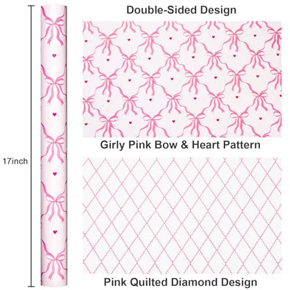 Yarcony Pink Wrapping Paper Roll, Cute Coquette Bows Gift Wrap, Reversible Pink Bow & Quilted Diamond Design Girly Wrapping Paper for Birthday, Baby Shower Valentine's Day, Christmas (17 In X 33 Ft) - color: Pink Bow, size: 17 Inch X 33 Feet