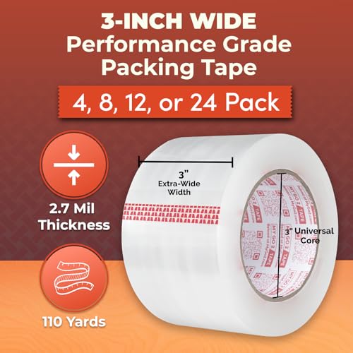 3" Extra-Wide Clear Packing Tape, 4 Pack, 110 Yard Roll, Performance Grade True 2.70 MIL, 3 Inch Extra Wide, Strong Adhesion for Shipping, Mailing, Sealing, Moving and Storage of Heavy Duty Items