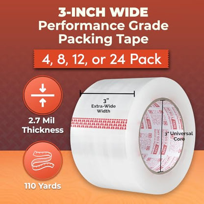 3" Extra-Wide Clear Packing Tape, 4 Pack, 110 Yard Roll, Performance Grade True 2.70 MIL, 3 Inch Extra Wide, Strong Adhesion for Shipping, Mailing, Sealing, Moving and Storage of Heavy Duty Items