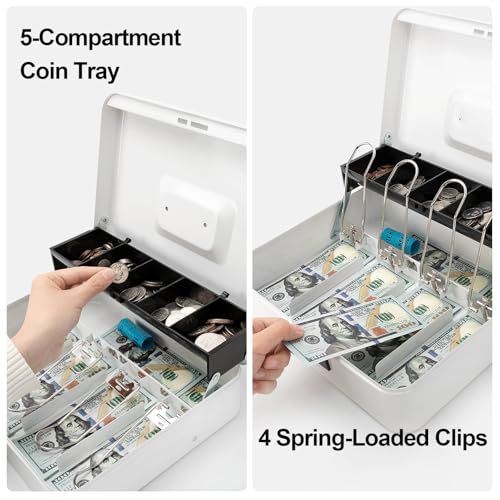 Jssmst Metal Cash Box with Money Tray and Lock, Portable Cash Drawer, 11.8" - color: White Code-A