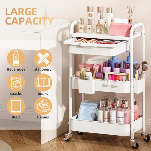 KINGRACK 3 Tier Metal Rolling Cart with Drawer, White Utility Storage Cart - color: White