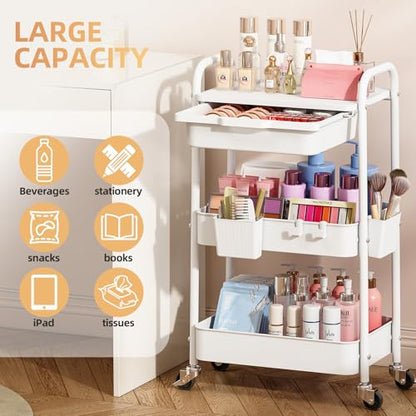 KINGRACK 3 Tier Metal Rolling Cart with Drawer, White Utility Storage Cart - color: White