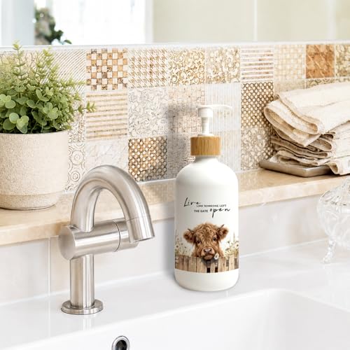 Farmhouse Highland Cow Glass Soap Dispenser, Daisy Floral Cow Dish Soap Dispenser for Kitchen, Live Like Someone Left the Gate Open Refillable Bathroom Handsoap Bottle with Pump - color: Live Like