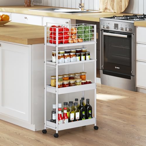 KINGRACK 4 Tier Slim Rolling Cart, Metal Utility Storage Cart with Wheels - color: White, size: 4-Tier
