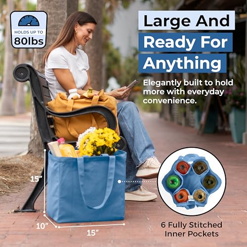 VeraMia Canvas Grocery Bag 3pc XL Set with Real Pockets, Long Shoulder Strap and Short Handle. Heavy Duty, Foldable, Washable - color: Sky Blue