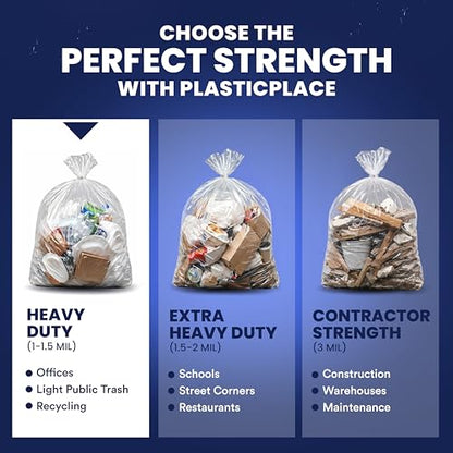 Plasticplace 56 Gallon Trash Bags - Clear High Density Garbage Bags - Heavy Duty, Scent-Free, Large Trash Can Liners for Kitchen, Commercial, & Garden Use 16 Microns, Leak-Proof, 43" x 48" (150 Count)