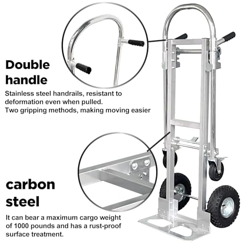 Silver Convertible Hand Truck Dolly Cart with Wheels Heavy Duty, 1000 Lbs Capacity, 2 Straps for Moving Furniture/Appliance/Carton/Warehouse/Office/Easy to Follow Video to Install - color: Silver