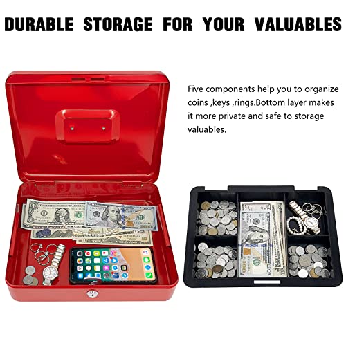 Steel Cash Box with Key Lock, Metal Small Money Organizer with Money Tray,Cash Storage Box with Lockable Cover (Red - 12 inch) - color: Red - 11.8" x 9.4" x 3.5"