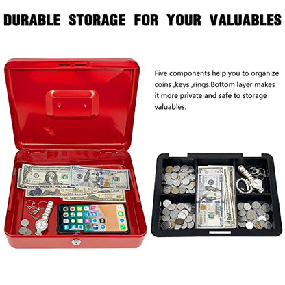 Steel Cash Box with Key Lock, Metal Small Money Organizer with Money Tray,Cash Storage Box with Lockable Cover (Red - 12 inch) - color: Red - 11.8" x 9.4" x 3.5"