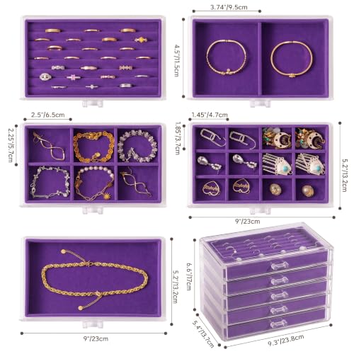 Frebeauty Acrylic Jewelry Box,5-Layer Jewelry Organizer with Drawers - color: Purple