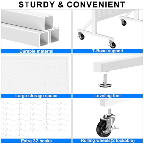 Pegboard Display Stand with Wheels, 24" x 70" Peg Board Stand, White - color: White
