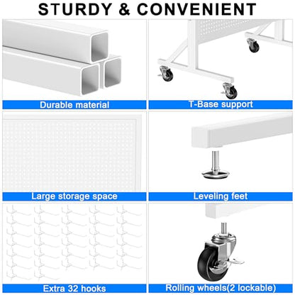 Pegboard Display Stand with Wheels, 24" x 70" Peg Board Stand, White - color: White