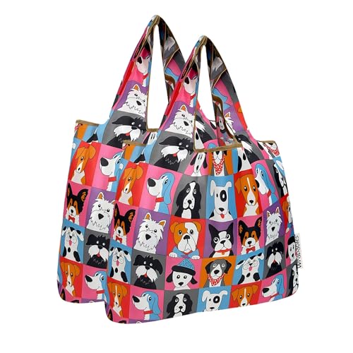 allydrew Medium Foldable Tote Nylon Reusable Grocery Bag (Set of 2) - color: Cute Dogs