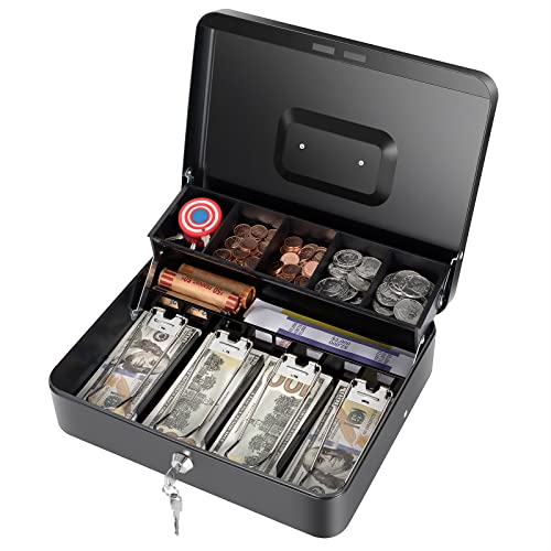 Cash Box with Money Tray and Key Lock, Saving Lock Box with Money Tray Storage for Cash Register 11.8"x9.45"x3.54" Black XL Large - color: Black key lock