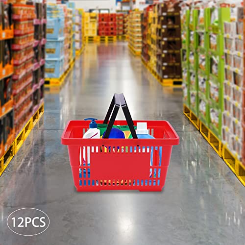 Shopping Basket, 17 * 12 * 9inch Set of 12 Freestanding Store Baskets w/Foldable Handle, Stackable Hand-held Basket for Supermarket, Retail, Bookstore, Red