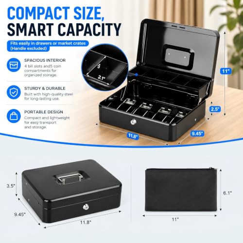 KYODOLED Metal Cash Box with Key Lock, Anti-Theft Cable & Waterproof Pouch - color: Black-Cable