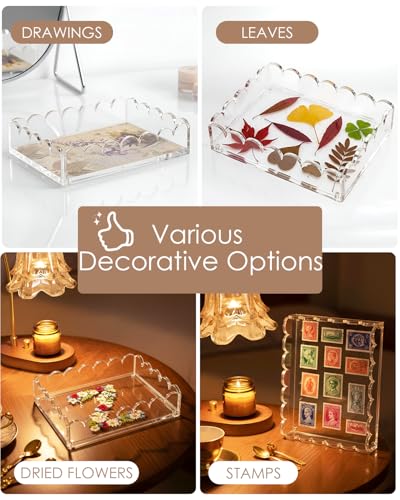 Scalloped Edge Acrylic Decorative Art Print Tray, 8x6-Inch Magnetic Mat Display Valet Tray | Customizable Bottom Display for Storing Photos and Trinkets, Personalized Home Decor Gift for Women