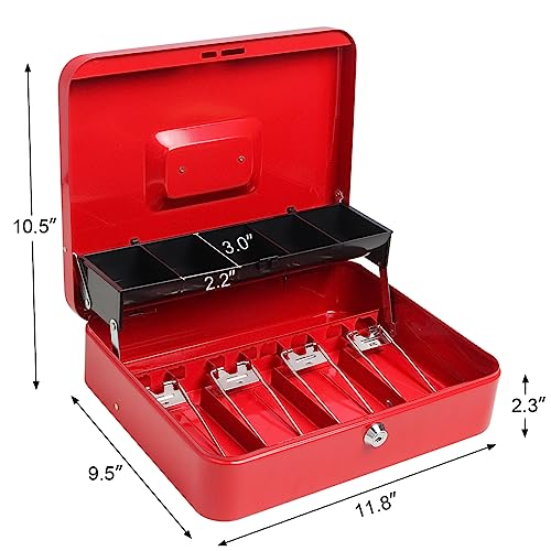 Cash Box with Money Tray and Key Lock, Parrency Large Money Box, 5 Compartments for Cions & 4 Spring-Loaded Clips for Bills, 11.8" x 9.5" x 3.5", K-Red - color: K-Red