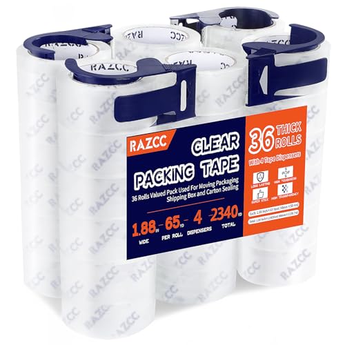 RAZCC Packing Tape, 36 Rolls Clear Heavy Duty Packaging Tape with Dispensers for Packing Shipping Moving Mailing, Thicker Sealing Tape - 1.88" x 65 Yard Per Roll, 2340 Total Yards - size: 1.88inch-36 Rolls