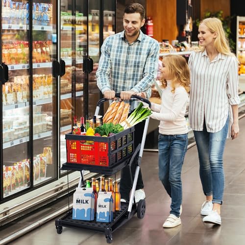 2-Tier Collapsible Aluminum Utility Cart, 198 Lb Capacity, 360° Wheels - color: Red