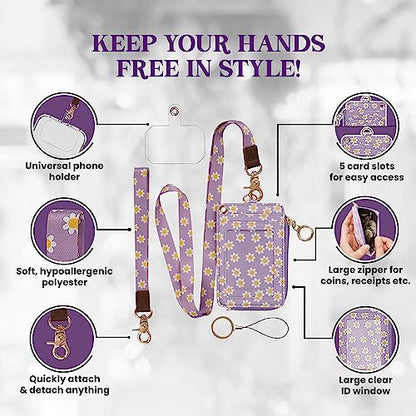 MONDO DESIGNS 2-in-1 ID Badge Holder & Lanyard Wallet - Multi-Use Womens Small Wallet with Removable Wristlet & Neck Lanyard, Clear Window, 5 Card Slots, Phone Holder, Ring Keychain - Purple Daisies - color: Purple Daisies