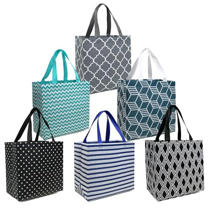 BeeGreen 6-Pack Foldable Reusable Grocery Bags – Large Cloth Tote Bag with Handles, Bulk Shopping- Bags in Geometric Design, Shopping Baskets, Utility Reusable Gift for Groceries - color: Grey Teal Blue Black