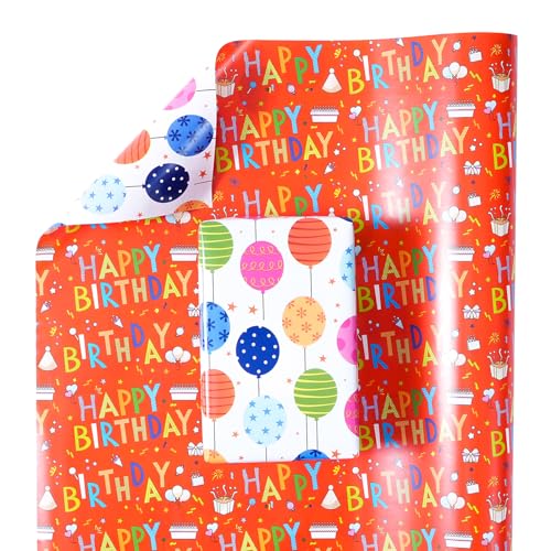 Ulmasinn Birthday Wrapping Paper Roll, 17" x 33', Double Sided Happy Birthday & Balloon Design, Thick 80gsm Gift Wrap for Kids, Boys, Girls and Adults, Mini Roll for Small to Medium Birthday Gifts - color: Birthday red