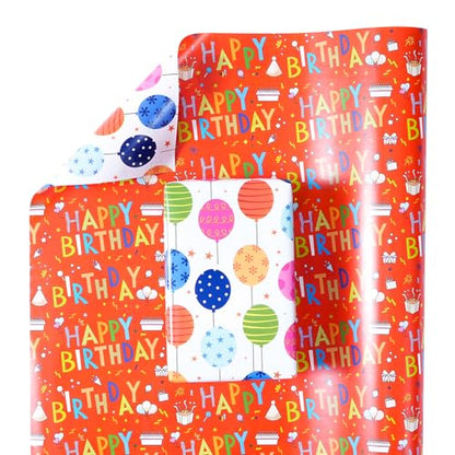 Ulmasinn Birthday Wrapping Paper Roll, 17" x 33', Double Sided Happy Birthday & Balloon Design, Thick 80gsm Gift Wrap for Kids, Boys, Girls and Adults, Mini Roll for Small to Medium Birthday Gifts - color: Birthday red