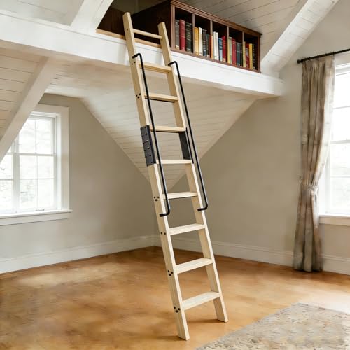 120" Solid Wood Sliding Library Ladder,10 Step Wooden Ladder with Handrails - size: Height 120"