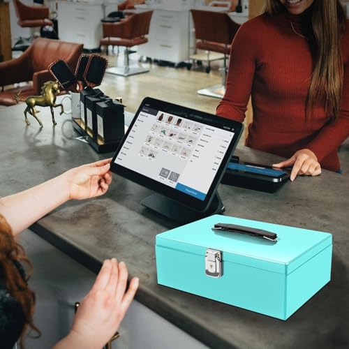 Flexzion Cash Box with Money Tray, Latch Lock, 11 x 7.7 x 3.5 Inch, Blue - color: Blue