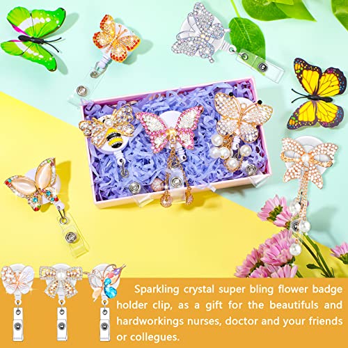 Teling 10 Pcs Butterfly Badge Reels Retractable Butterfly Animal Style Bling Rhinestone Badge Holders with Alligator Clip for Nurse ID Name Card Teacher Students Volunteers and Employees - style: Butterfly Style
