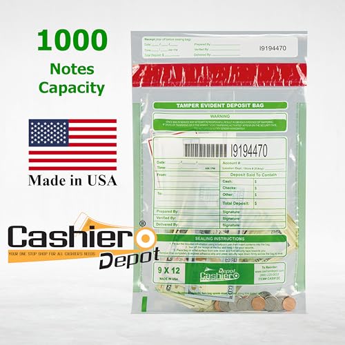 100 Cashier Depot - Tamper Evident Bank Deposit Bags, 9" x 12" Clear, 100 Count, Serialized Numbering with Barcode, Press and Seal Void Closure, Perforated Receipt, Made in USA