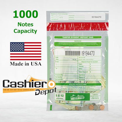 100 Cashier Depot - Tamper Evident Bank Deposit Bags, 9" x 12" Clear, 100 Count, Serialized Numbering with Barcode, Press and Seal Void Closure, Perforated Receipt, Made in USA