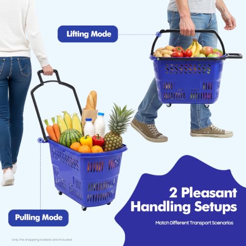 6PCS Rolling Shopping Carts with Wheels and Handles, 35L Portable Plastic Shopping Basket Set Grocery Cart for Supermarket, Retail Store, Bookstore, Laundry, Garage (Blue)